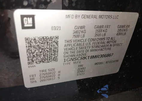 2021 Chevrolet Tahoe 2Wd Rst z USA, uszkodzony, nr VIN 1GNSCRKT8MR306867